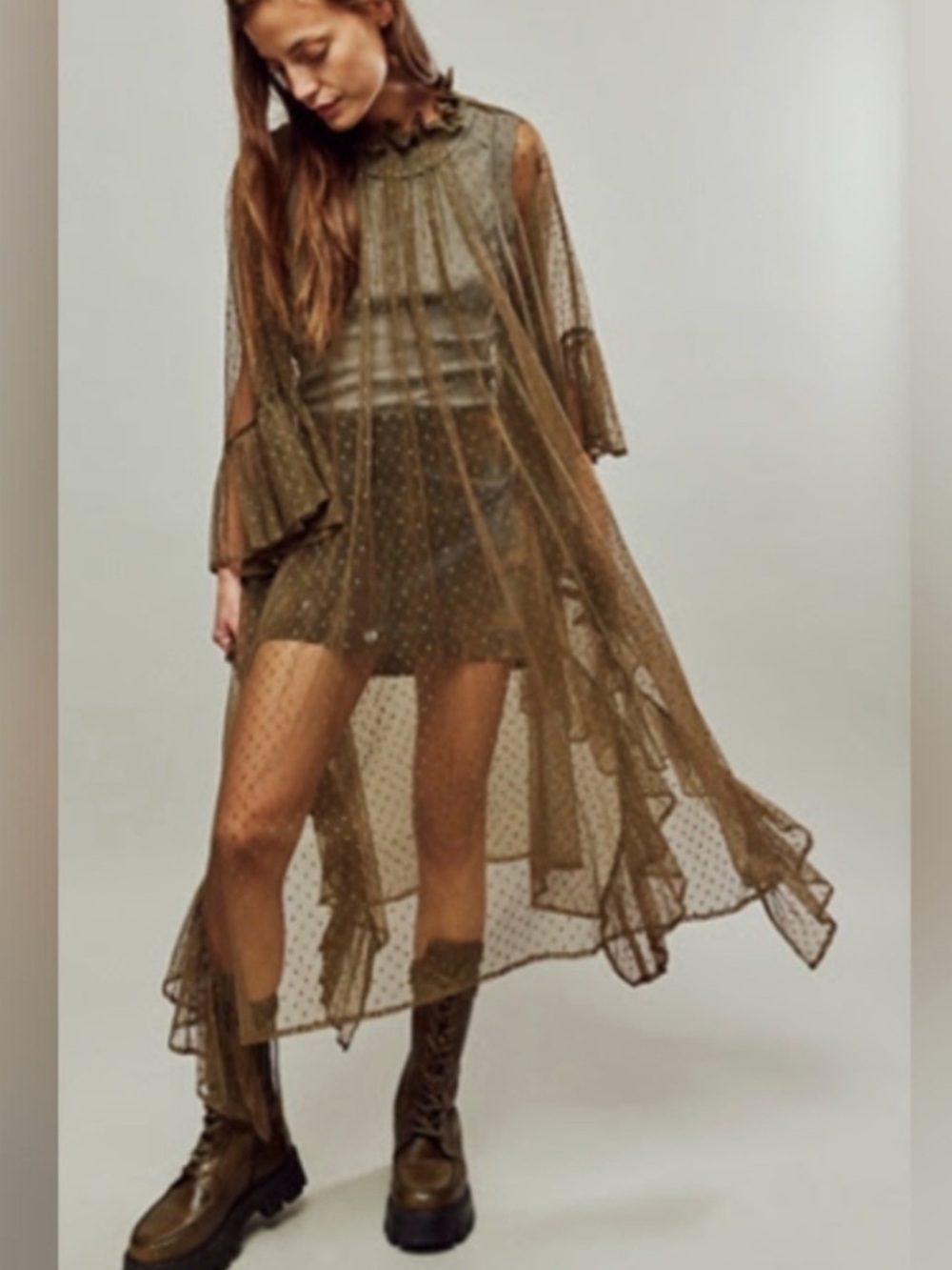 Free People Swiss Dot Ruffle Kaftan Sheer Coverup Dress OS